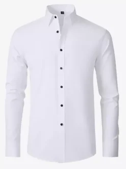 Men's Long-Sleeved Shirt Slim Fit Button Down Solid Color Tops