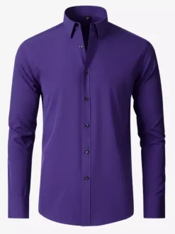 Men's Long-Sleeved Shirt Slim Fit Button Down Solid Color Tops