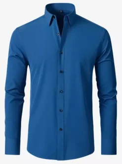 Men's Long-Sleeved Shirt Slim Fit Button Down Solid Color Tops