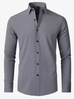 Men's Long-Sleeved Shirt Slim Fit Button Down Solid Color Tops