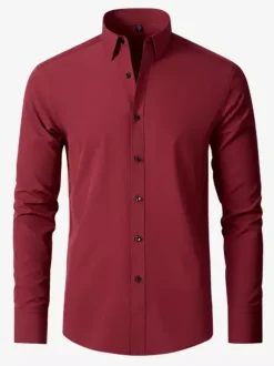 Men's Long-Sleeved Shirt Slim Fit Button Down Solid Color Tops