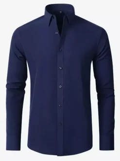 Men's Long-Sleeved Shirt Slim Fit Button Down Solid Color Tops