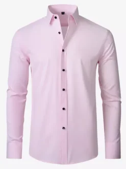 Men's Long-Sleeved Shirt Slim Fit Button Down Solid Color Tops