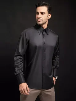Men's Long Sleeve Shirt Crystal Button Solid Color High Collar Business Casual Shirt