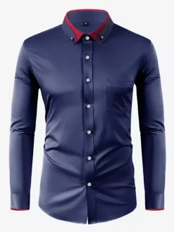 Men's Long Sleeve Stretch Shirts Diamond Button Solid Color Slim Fit Shirts