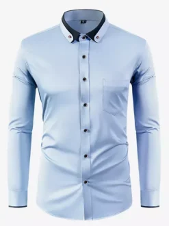 Men's Long Sleeve Stretch Shirts Diamond Button Solid Color Slim Fit Shirts