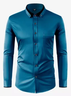 Men's Long Sleeve Stretch Shirts Diamond Button Solid Color Slim Fit Shirts