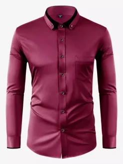 Men's Long Sleeve Stretch Shirts Diamond Button Solid Color Slim Fit Shirts