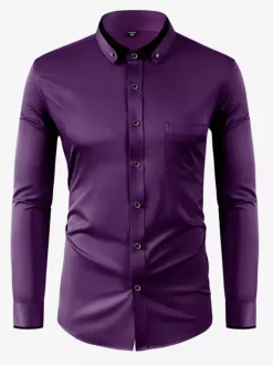 Men's Long Sleeve Stretch Shirts Diamond Button Solid Color Slim Fit Shirts