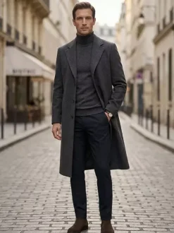 Men's Long Suit Coats Turn Down Collar Slim Fit Long Sleeve Single Breasted Overcoats