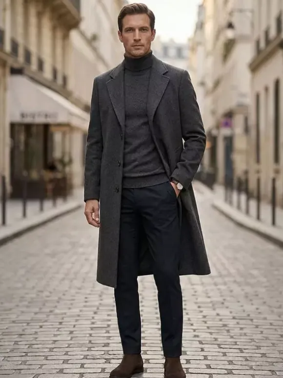 Men's Long Suit Coats Turn Down Collar Slim Fit Long Sleeve Single Breasted Overcoats