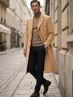 Men's Long Suit Coats Turn Down Collar Slim Fit Long Sleeve Single Breasted Overcoats