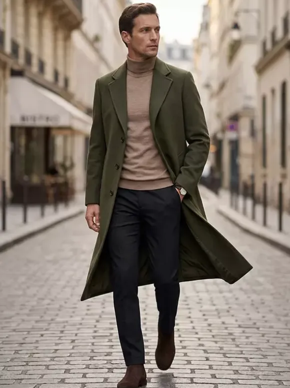 Men's Long Suit Coats Turn Down Collar Slim Fit Long Sleeve Single Breasted Overcoats