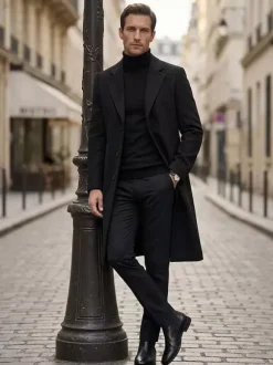 Men's Long Suit Coats Turn Down Collar Slim Fit Long Sleeve Single Breasted Overcoats