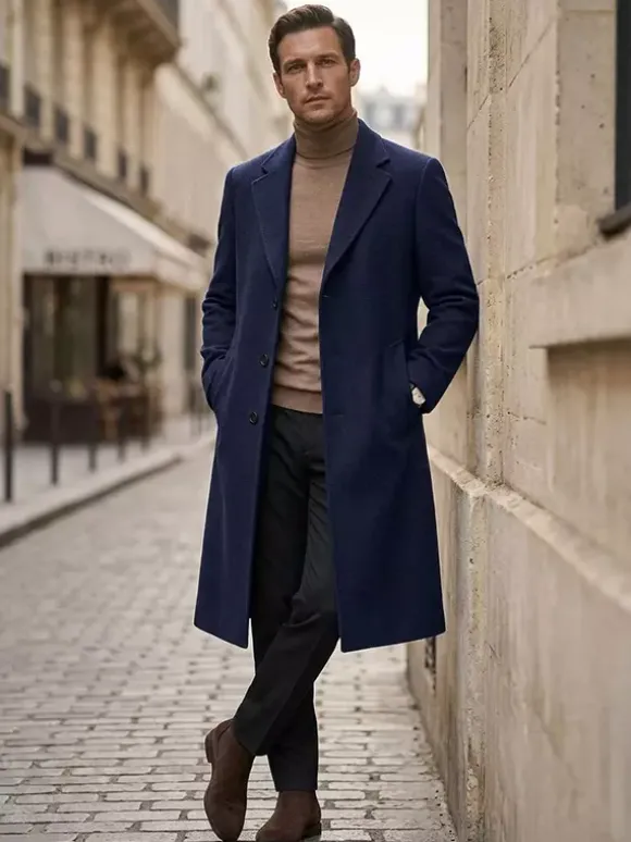 Men's Long Suit Coats Turn Down Collar Slim Fit Long Sleeve Single Breasted Overcoats