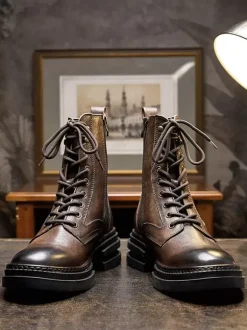 Men's Martin Work Boots Black Cowhide Round Toe Military Combat Boots