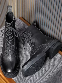 Men's Martin Work Boots Black Cowhide Round Toe Military Combat Boots