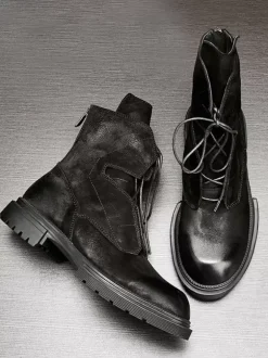 Men's Martin Work Motorcycle Coffee Brown Cowhide Round Toe Combat Boots
