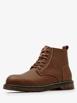 Men's Martin Work Retro Coffee Brown Cowhide Round Toe Combat Boots