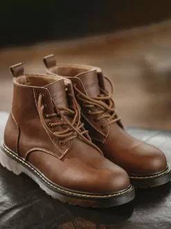 Men's Martin Work Retro Coffee Brown Cowhide Round Toe Combat Boots