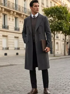 Men's Maxi Coats Double Breasted Chic Black Slim Fit Jackets