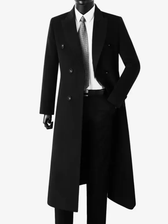 Men's Maxi Coats Double Breasted Chic Black Slim Fit Jackets