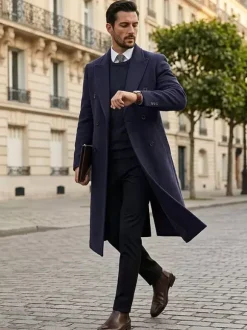 Men's Maxi Coats Double Breasted Chic Black Slim Fit Jackets