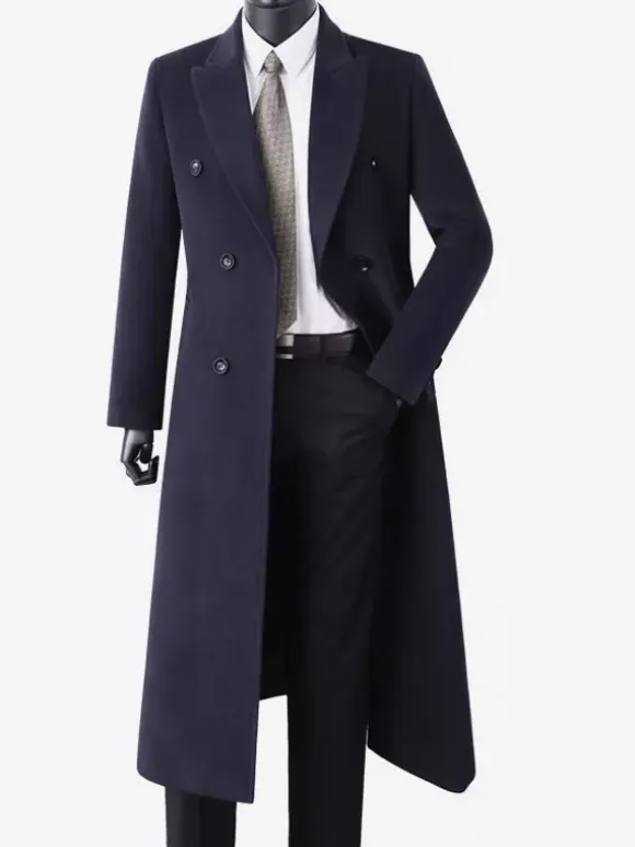 Men's Maxi Coats Double Breasted Chic Black Slim Fit Jackets