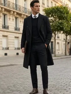 Men's Maxi Coats Double Breasted Chic Black Slim Fit Jackets
