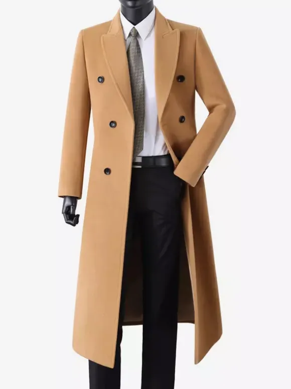 Men's Maxi Coats Double Breasted Chic Black Slim Fit Jackets