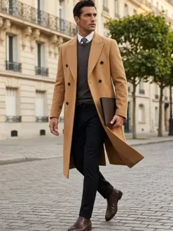 Men's Maxi Coats Double Breasted Chic Black Slim Fit Jackets