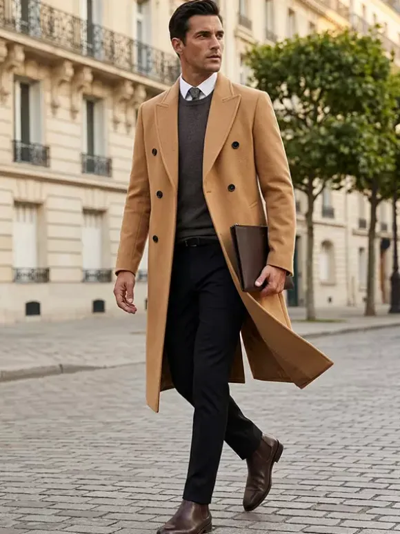 Men's Maxi Coats Double Breasted Chic Black Slim Fit Jackets