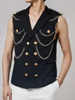 Men's Metal Chain Decorated Suit Vest Punk Rock Performance Stage Jacket