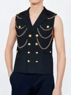 Men's Metal Chain Decorated Suit Vest Punk Rock Performance Stage Jacket