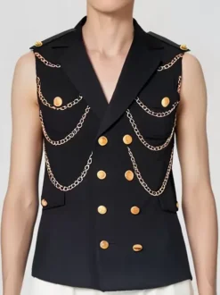 Men's Metal Chain Decorated Suit Vest Punk Rock Performance Stage Jacket