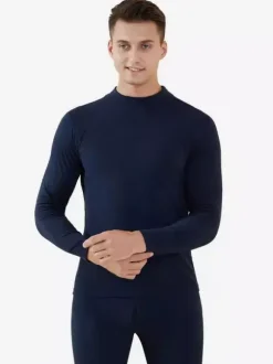 Men’s Mid High Neck Underwear Set Fleece Lined Slim Fit Warm Base Layer Top And Bottom
