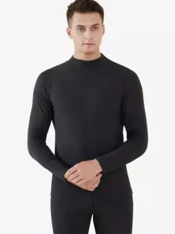 Men’s Mid High Neck Underwear Set Fleece Lined Slim Fit Warm Base Layer Top And Bottom