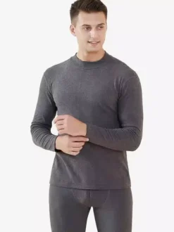 Men’s Mid High Neck Underwear Set Fleece Lined Slim Fit Warm Base Layer Top And Bottom