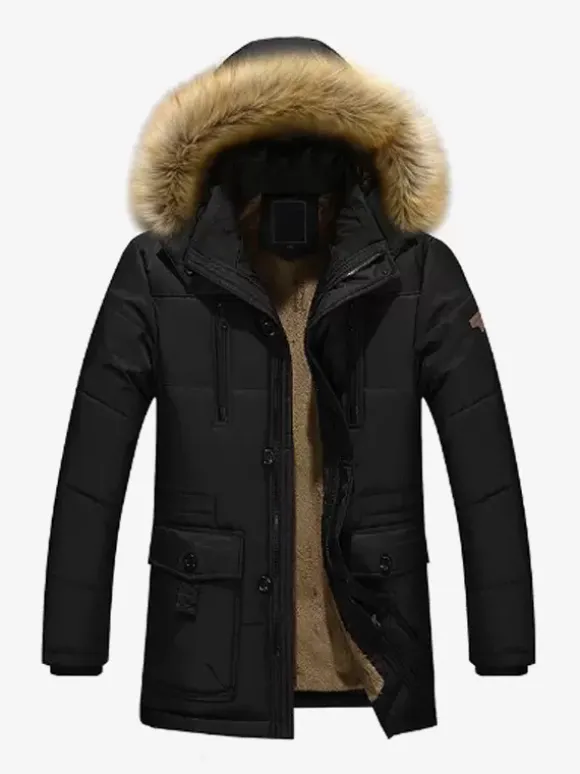 Men's Mid-Length Parka Coat Loose Cotton Coat Plus Size Hooded Winter Coat