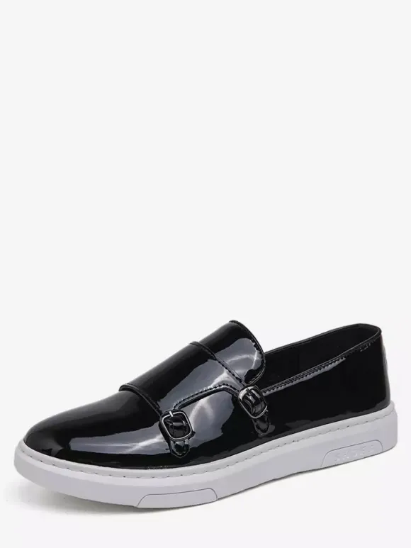Mens Monk Loafer Double Strap Slip On Patent Leather Casual Comfortable Shoes Flat Dress Walking Shoes Comfort Penny Loafers Sneakers Dress Shoes