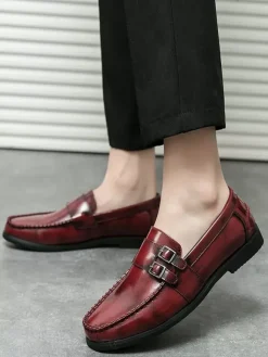 Men's Monk Loafers Comfortable Side Buckle Slip-On PU Leather Loafer Shoes