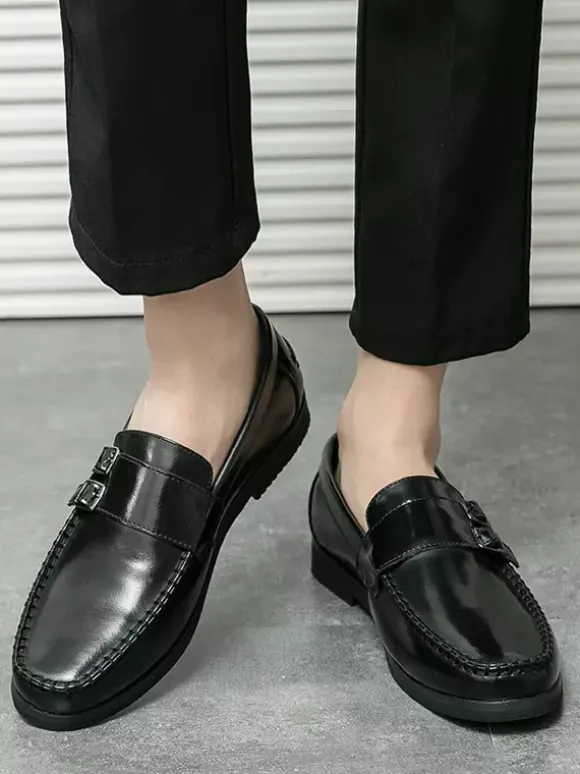 Men's Monk Loafers Comfortable Side Buckle Slip-On PU Leather Loafer Shoes