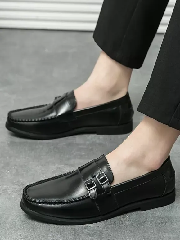 Men's Monk Loafers Comfortable Side Buckle Slip-On PU Leather Loafer Shoes