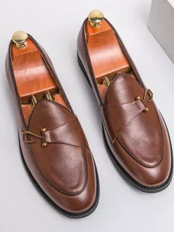 Mens Monk Loafers Pointed Toe Low Heels Slip-on Penny Shoes Buckle Strap Leather Prom Shoes