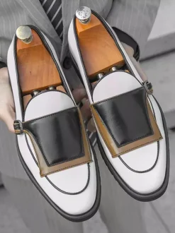 Mens Monk Loafers Round Toe Slip-on With Buckle Detail Penny Shoes Colorblock Design Prom Shoes