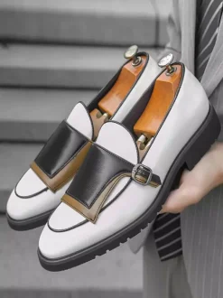 Mens Monk Loafers Round Toe Slip-on With Buckle Detail Penny Shoes Colorblock Design Prom Shoes
