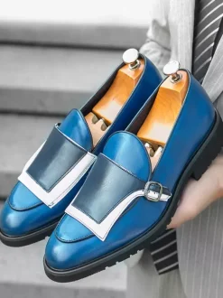 Mens Monk Loafers Round Toe Slip-on With Buckle Detail Penny Shoes Colorblock Design Prom Shoes