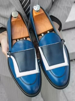 Mens Monk Loafers Round Toe Slip-on With Buckle Detail Penny Shoes Colorblock Design Prom Shoes