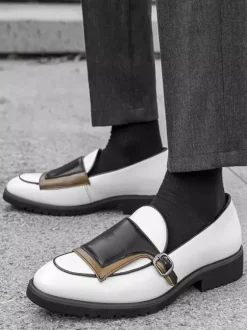 Mens Monk Loafers Round Toe Slip-on With Buckle Detail Penny Shoes Colorblock Design Prom Shoes