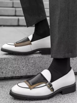 Mens Monk Loafers Round Toe Slip-on With Buckle Detail Penny Shoes Colorblock Design Prom Shoes